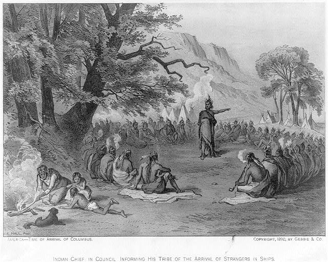 Indian chief in council informing his tribe of the arrival of strangers in ships